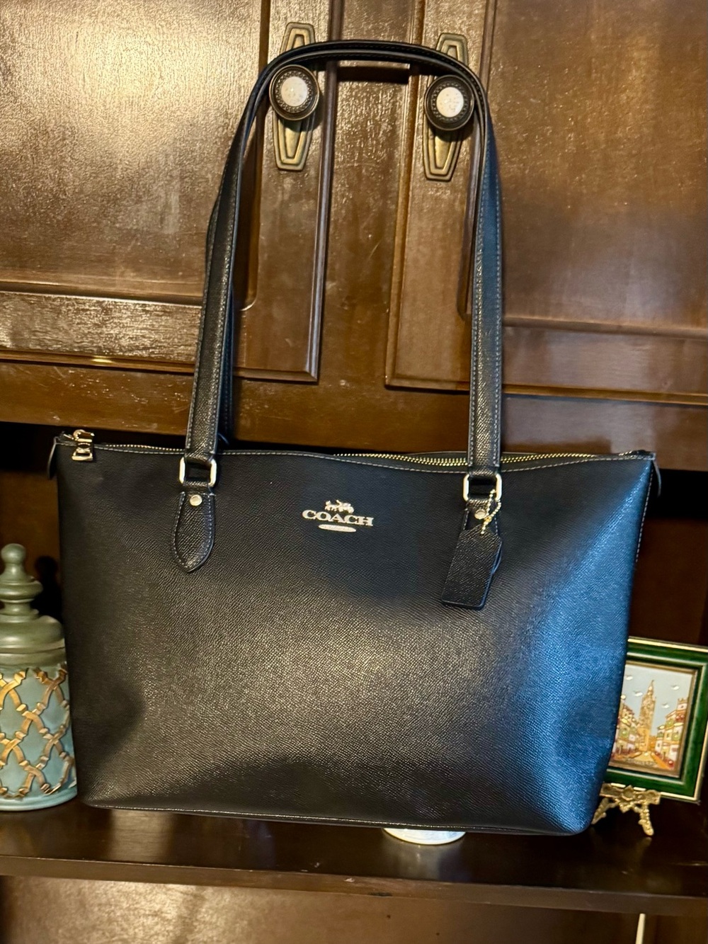 Coach Black Saffiano Tote with Gold Logo